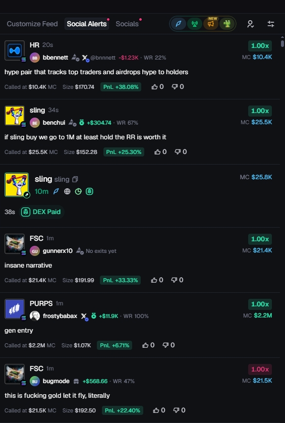 Axiom social alerts feed showing tracked callers, entry market caps and live PnL