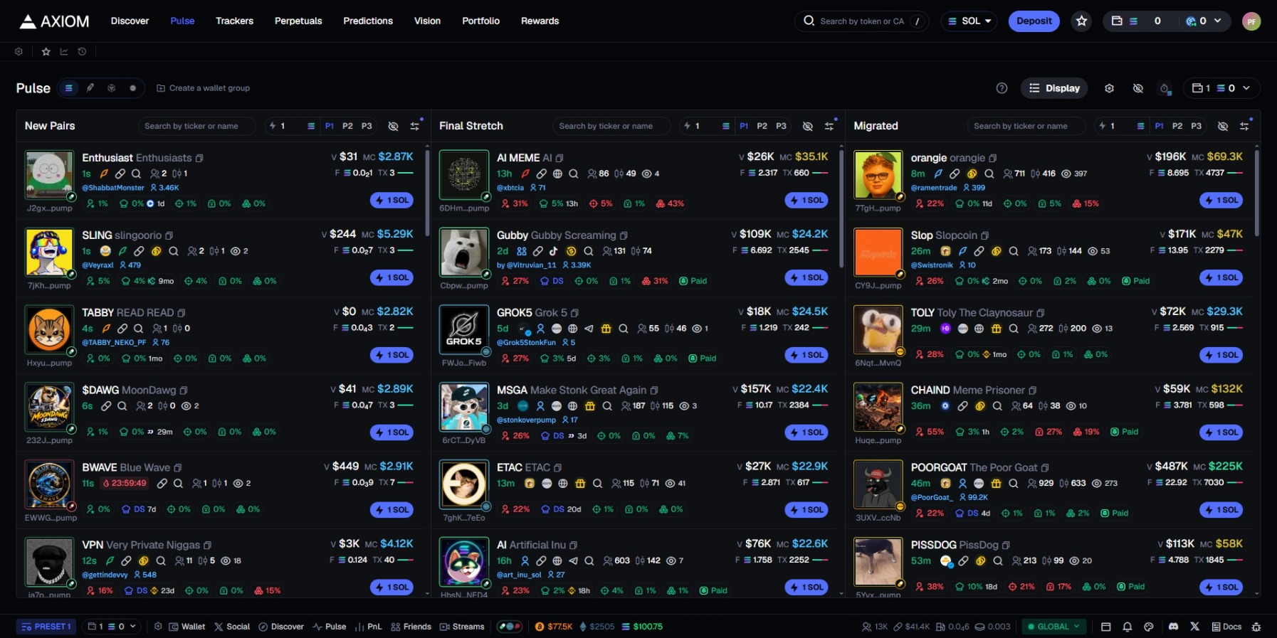 Axiom Pulse page showing New Pairs, Final Stretch and Migrated token columns