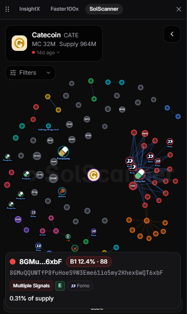 Terminal Solana Bubble Maps displaying Pump.fun wallet clusters, holder distribution, and on chain wallet relationships for a Solana token.