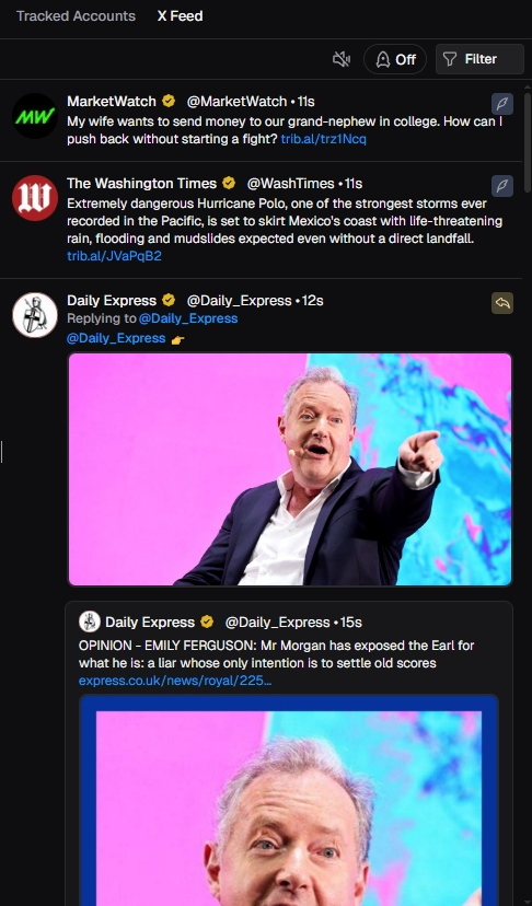 Terminal CT Feed displaying a tracked accounts X feed with filter controls and live posts used for early Solana memecoin narratives.