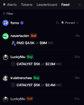 Fomo Feed displaying live Solana trader activity and token updates