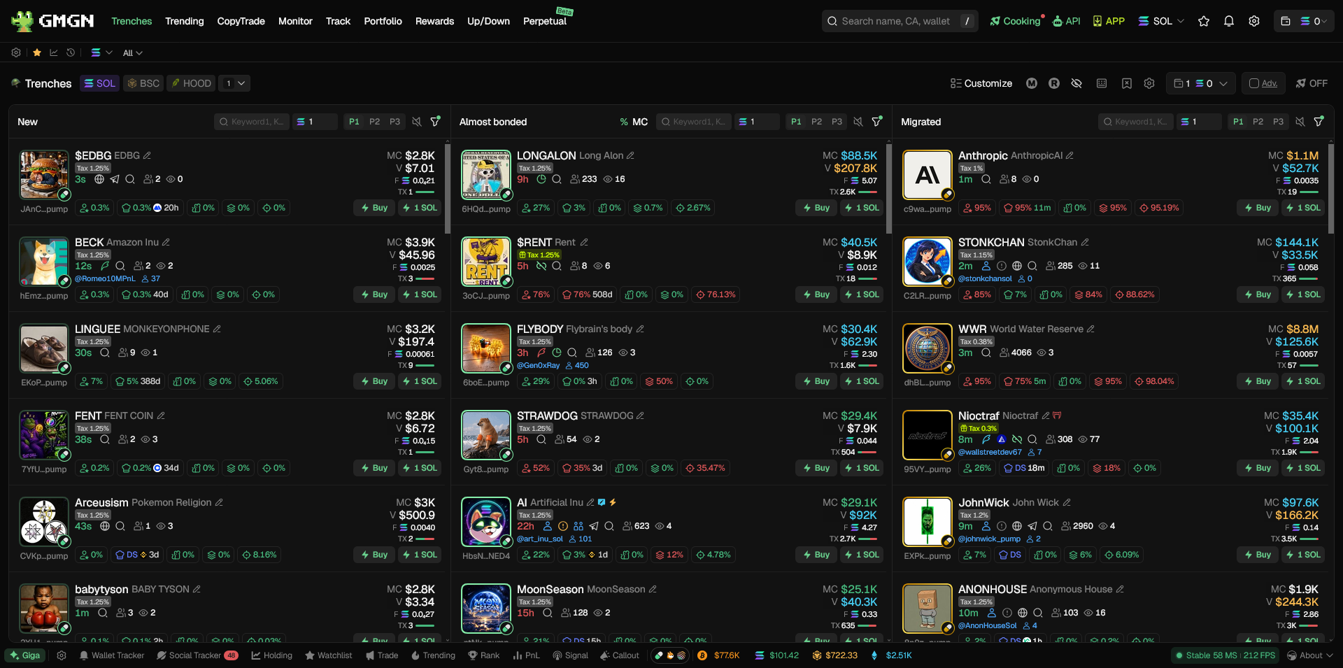 GMGN Trenches dashboard showing new, almost bonded and migrated Solana launches