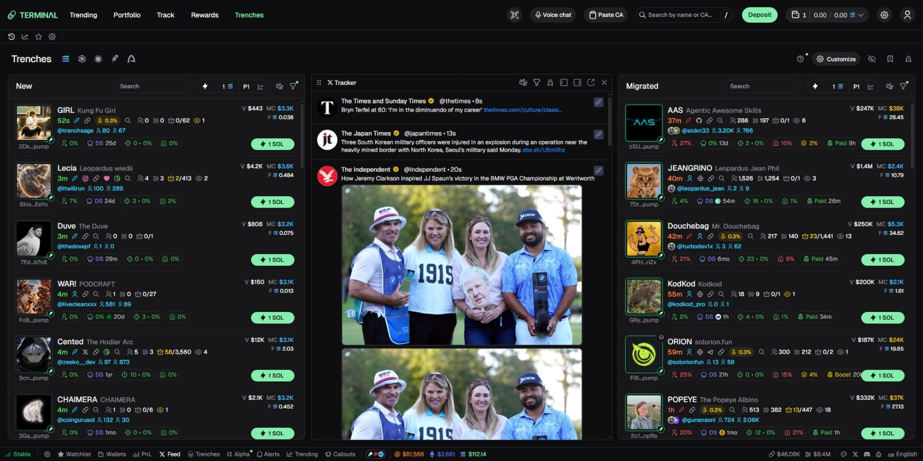 Terminal Trenches interface showing new Pump.fun Solana memecoin launches, CT Feed, live token discovery, and real time trading activity.