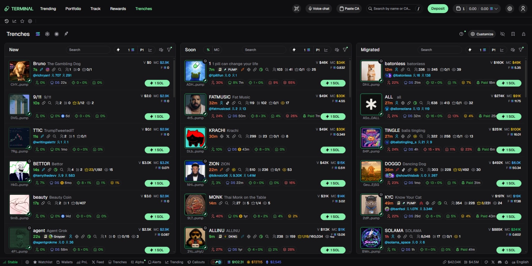 Terminal trading platform interface showing the Trenches view with new, soon, and migrated token listings