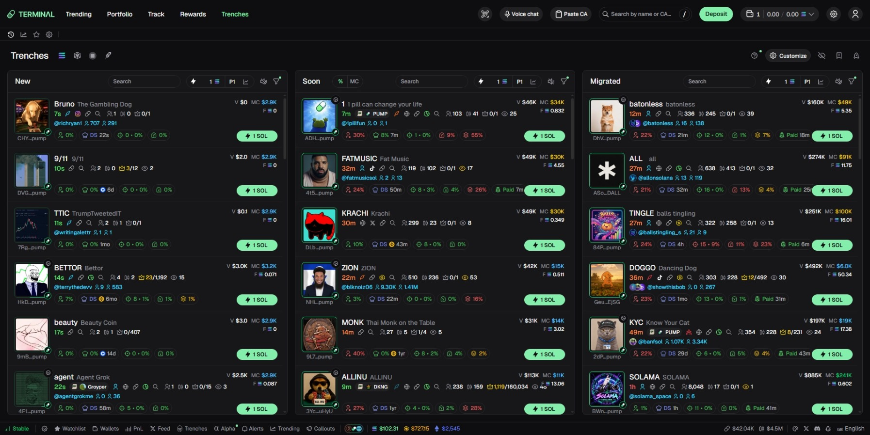 Terminal Trenches page showing New, Soon and Migrated token columns