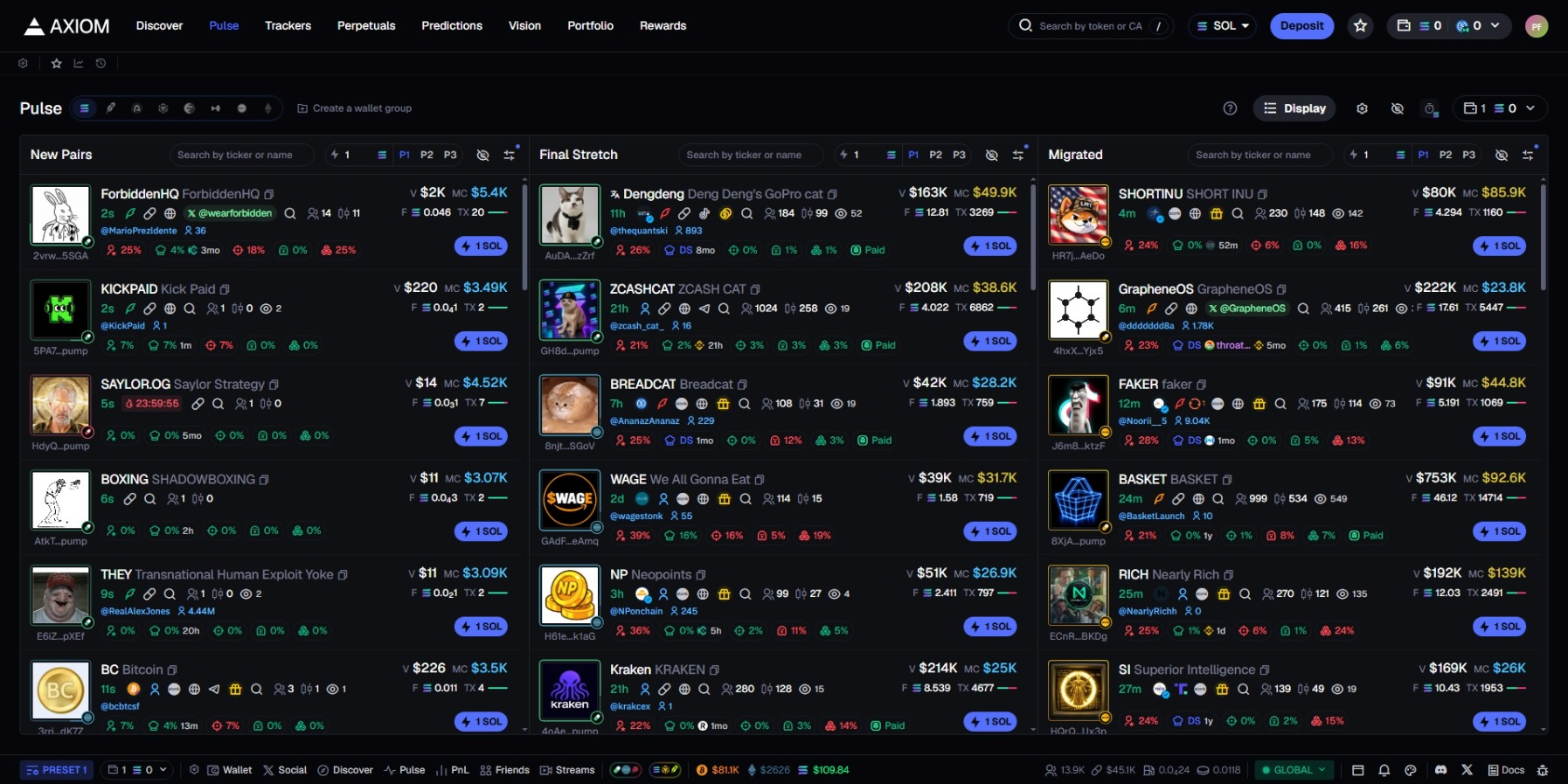Axiom Pulse showing newly launched Pump.fun Solana memecoins, live discovery filters, and early token opportunities.