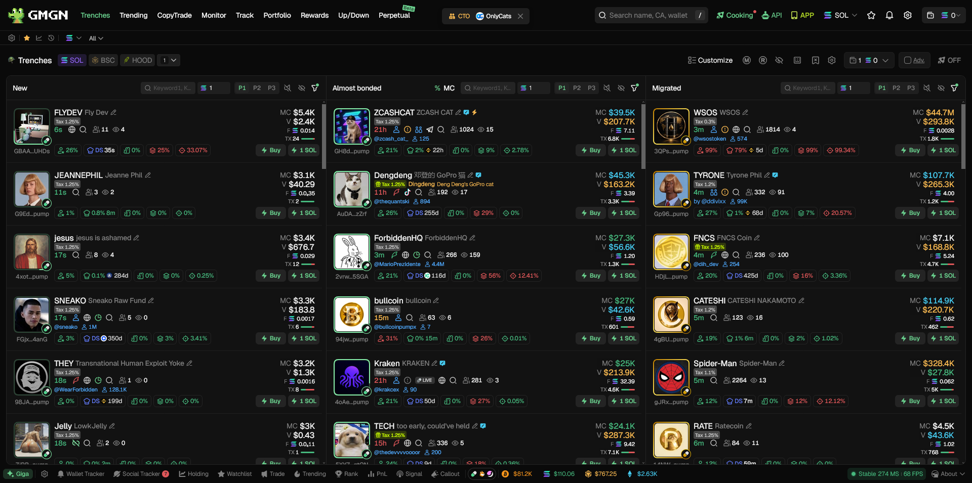 GMGN Pump.fun Trenches highlighting fresh Solana memecoin launches and live trading signals.