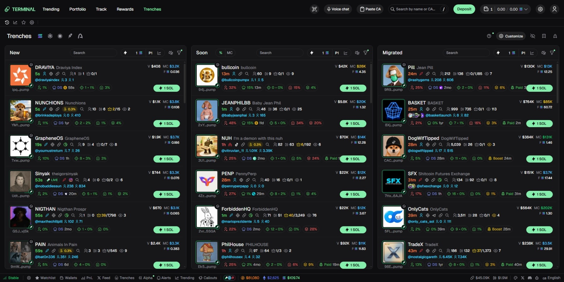 Terminal Pump.fun Trenches showing newly launched Solana memecoins, holder data, and live trading information.