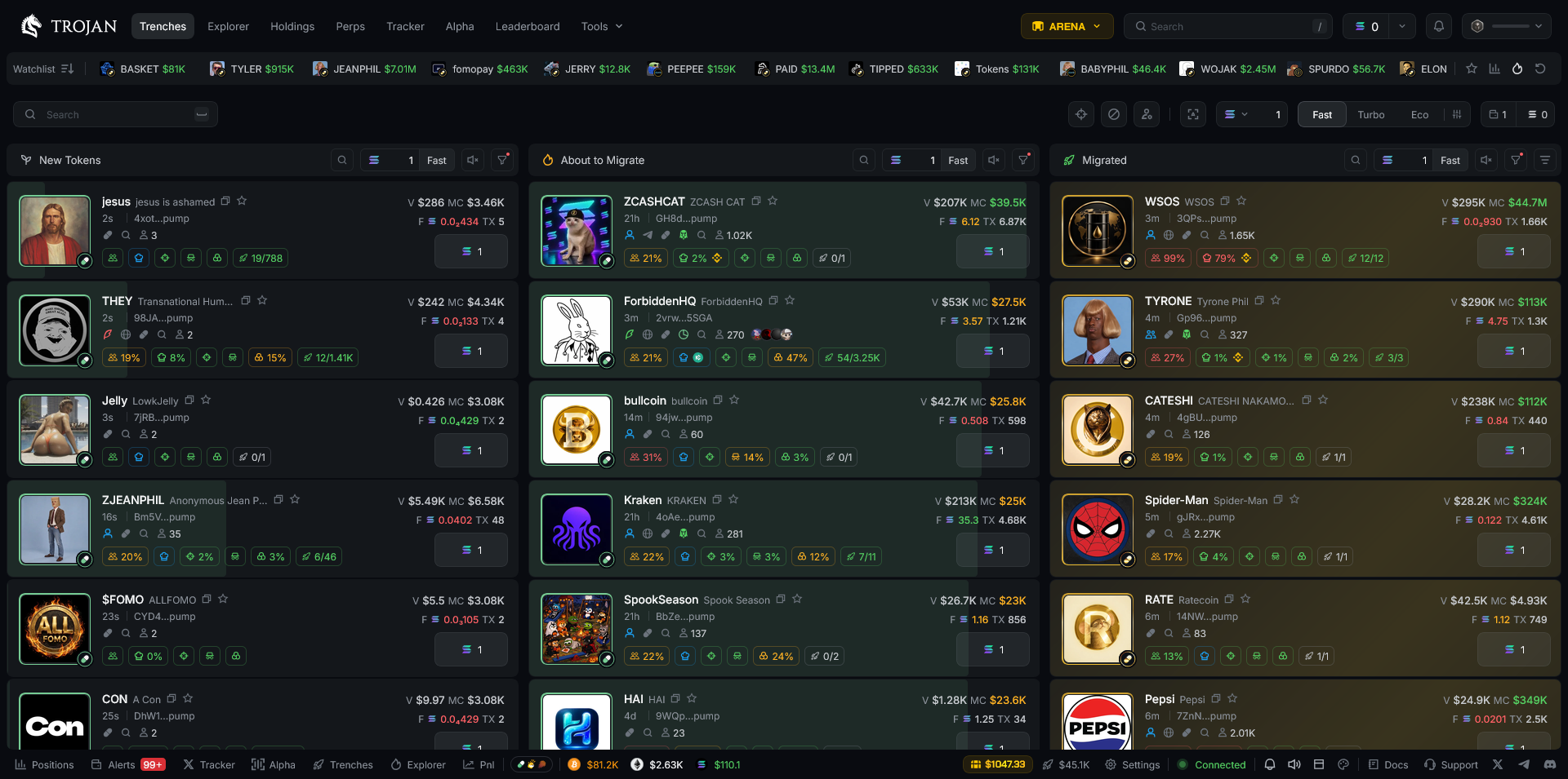 Trojan Pump.fun Trenches displaying new Solana memecoins, wallet activity, and live token discovery.