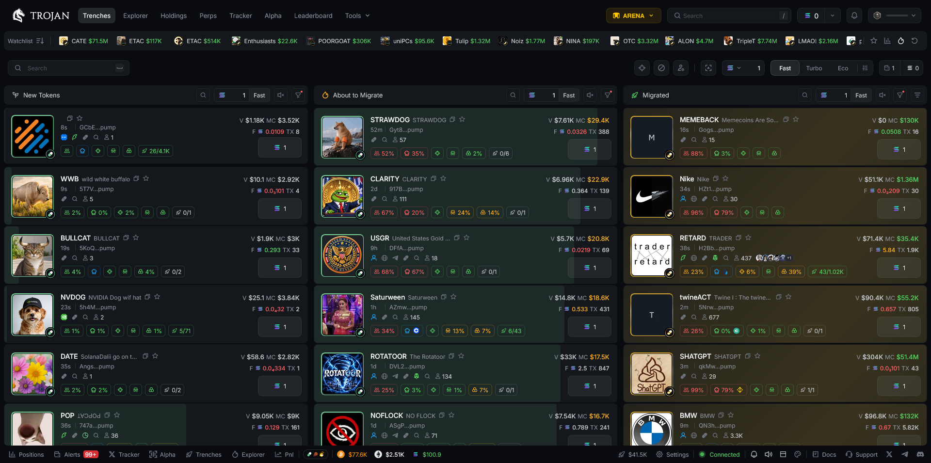 Trojan Trenches dashboard showing new, about to migrate and migrated Pump.fun tokens